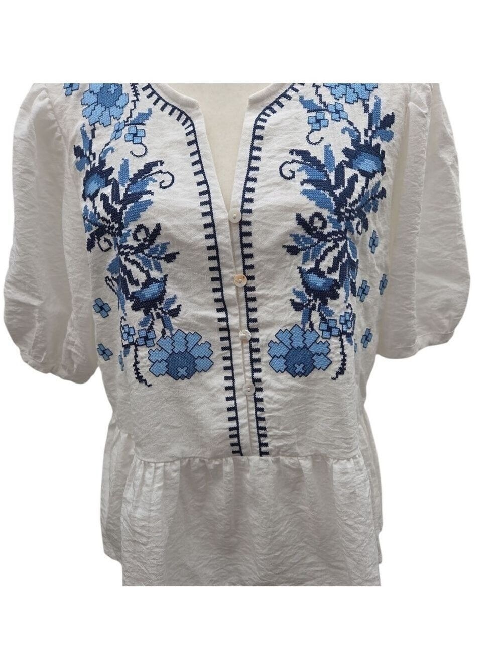 Solitaire Cream Blue Embroidery Blouse